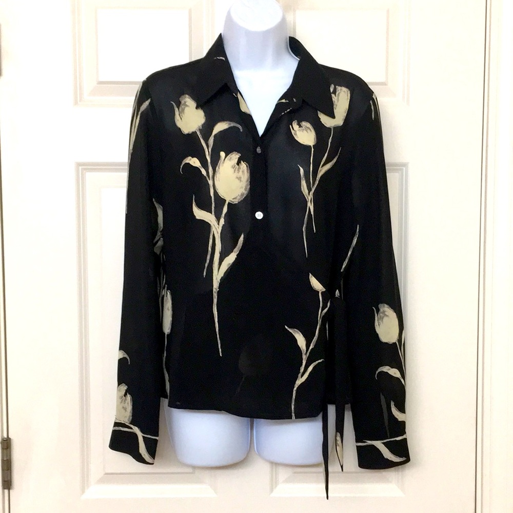 Wraparound Liz Claiborne black blouse tulips
